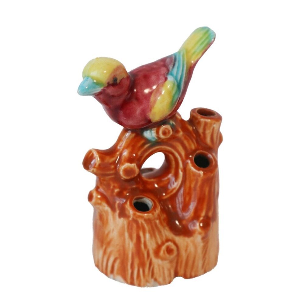 Vintage Japanese Ceramic Bird On Tree Stump Flower Frog Figurine 4"
